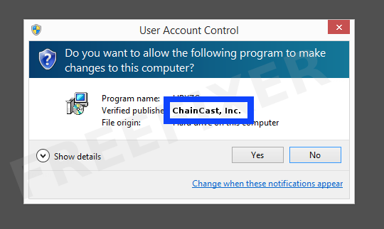 Screenshot where ChainCast, Inc. appears as the verified publisher in the UAC dialog